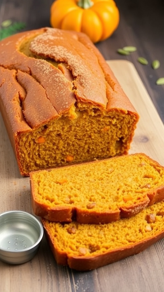 Vegan No-Oil Pumpkin Bread Recipe A loaf of vegan pumpkin bread sliced, showcasing its moist texture, on a rustic table with pumpkin seeds and a decorative pumpkin.